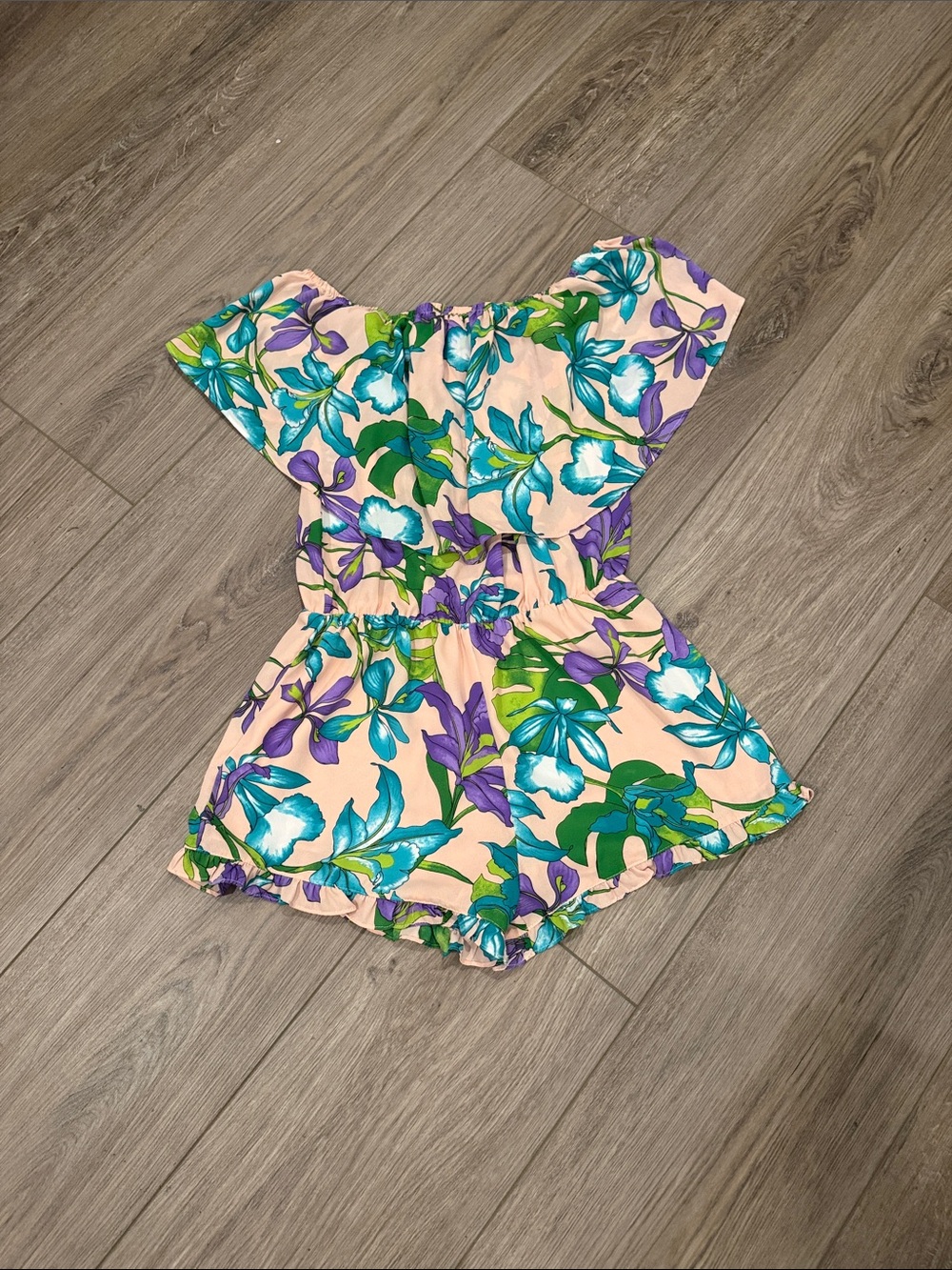 Buddy Love Peach Floral Off-Shoulder Romper with Teal & Purple Print